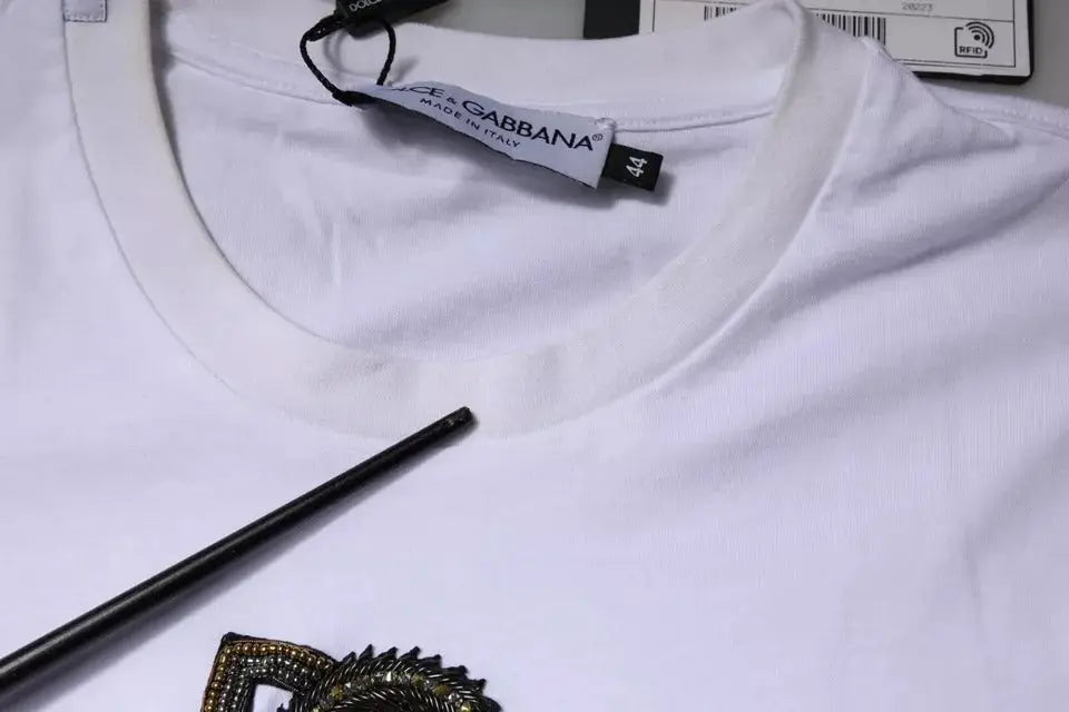 T-shirt blanc dolce & gabbana en coton avec logo brodé or et noir sur la poitrine