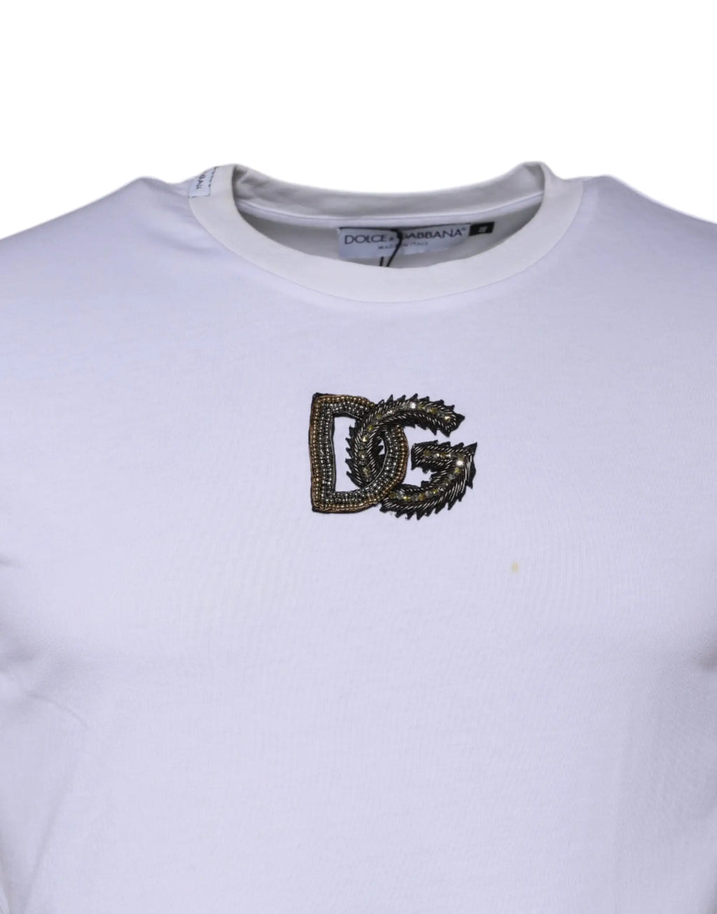 T-shirt blanc dolce & gabbana en coton avec logo dg brodé en perles scintillantes sur la poitrine