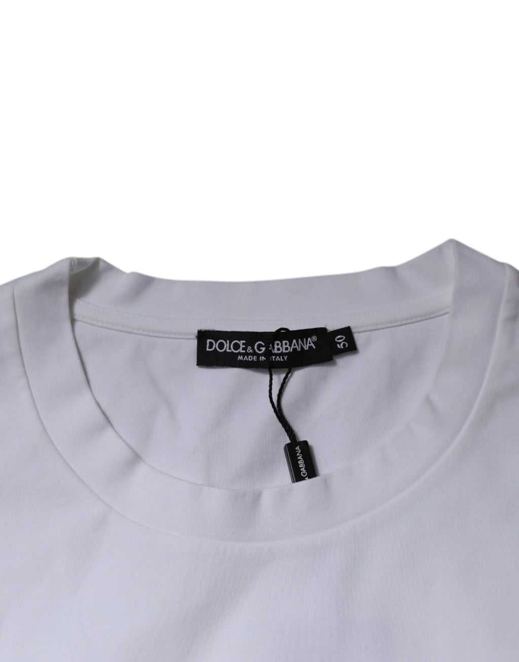T-shirt blanc dolce gabbana à col rond en coton avec étiquette noire de marque et taille visible