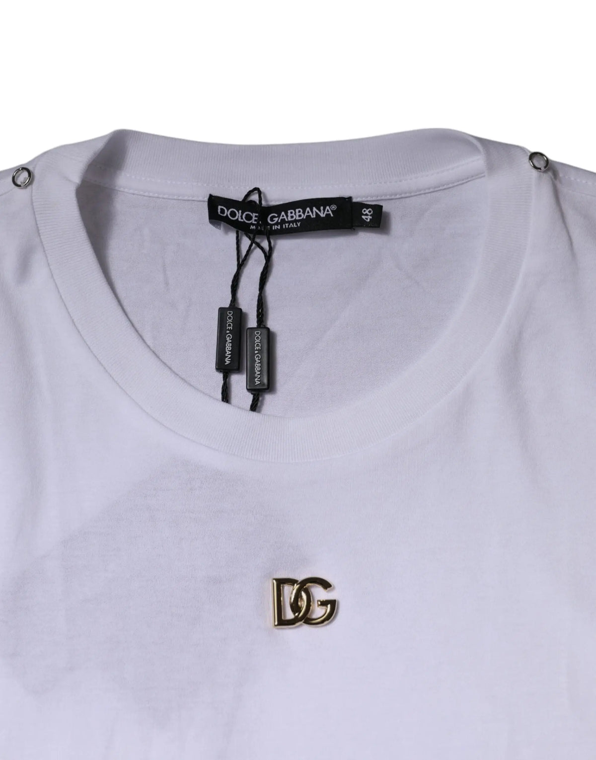 T shirt blanc dolce & gabbana à col rond avec logo dg doré et étiquette noire taille 48