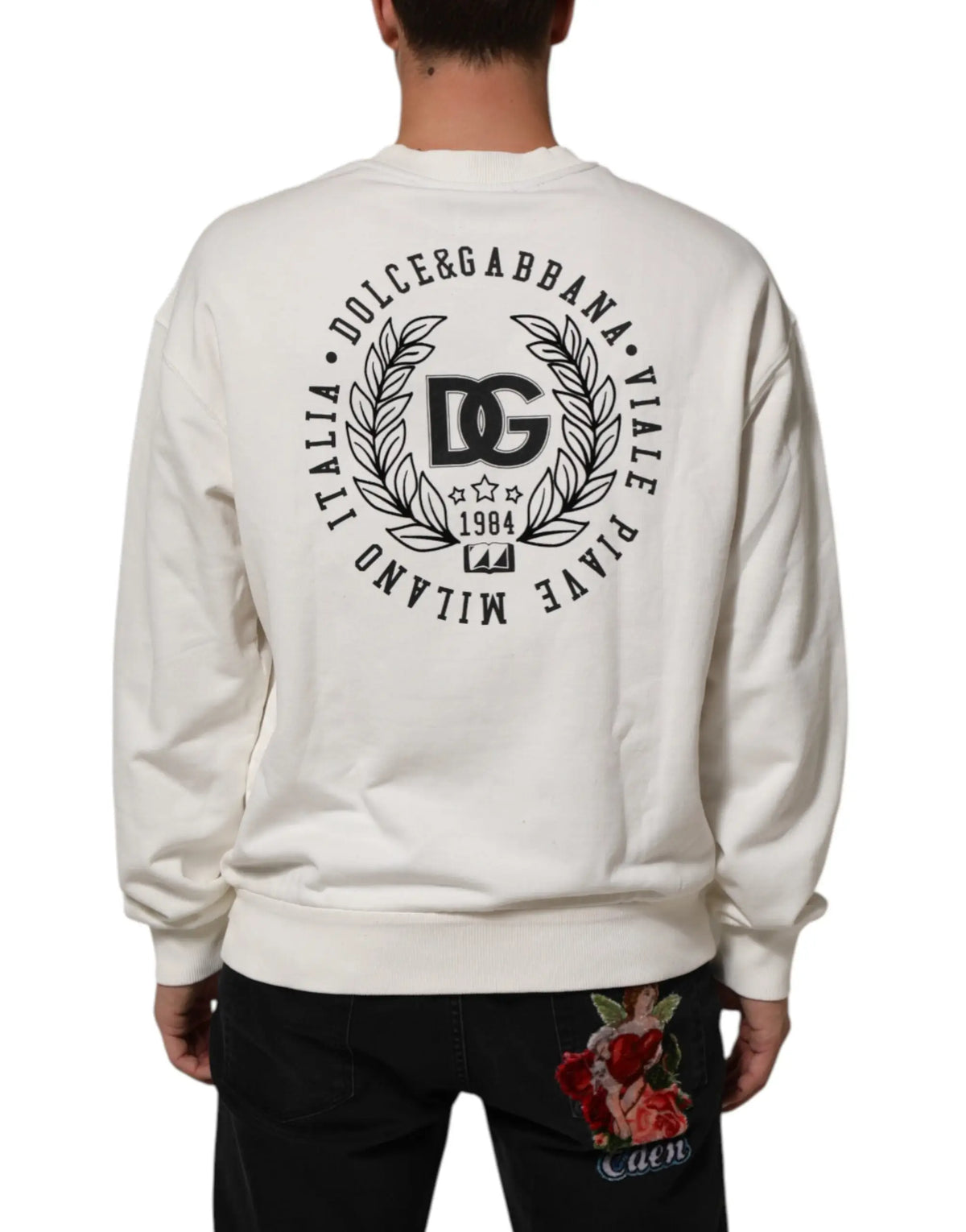 Dolce & gabbana sweat blanc avec logo noir circulaire laurier 1984 et broderie florale rouge sur jambe