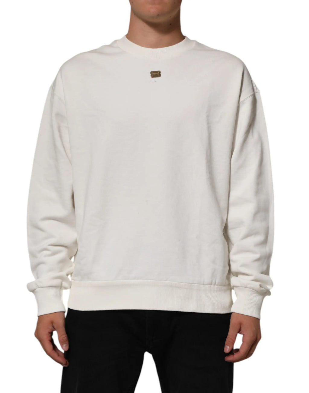 Sweatshirt dolce & gabbana blanc en coton avec col rond et petit patch logo métallique sur la poitrine