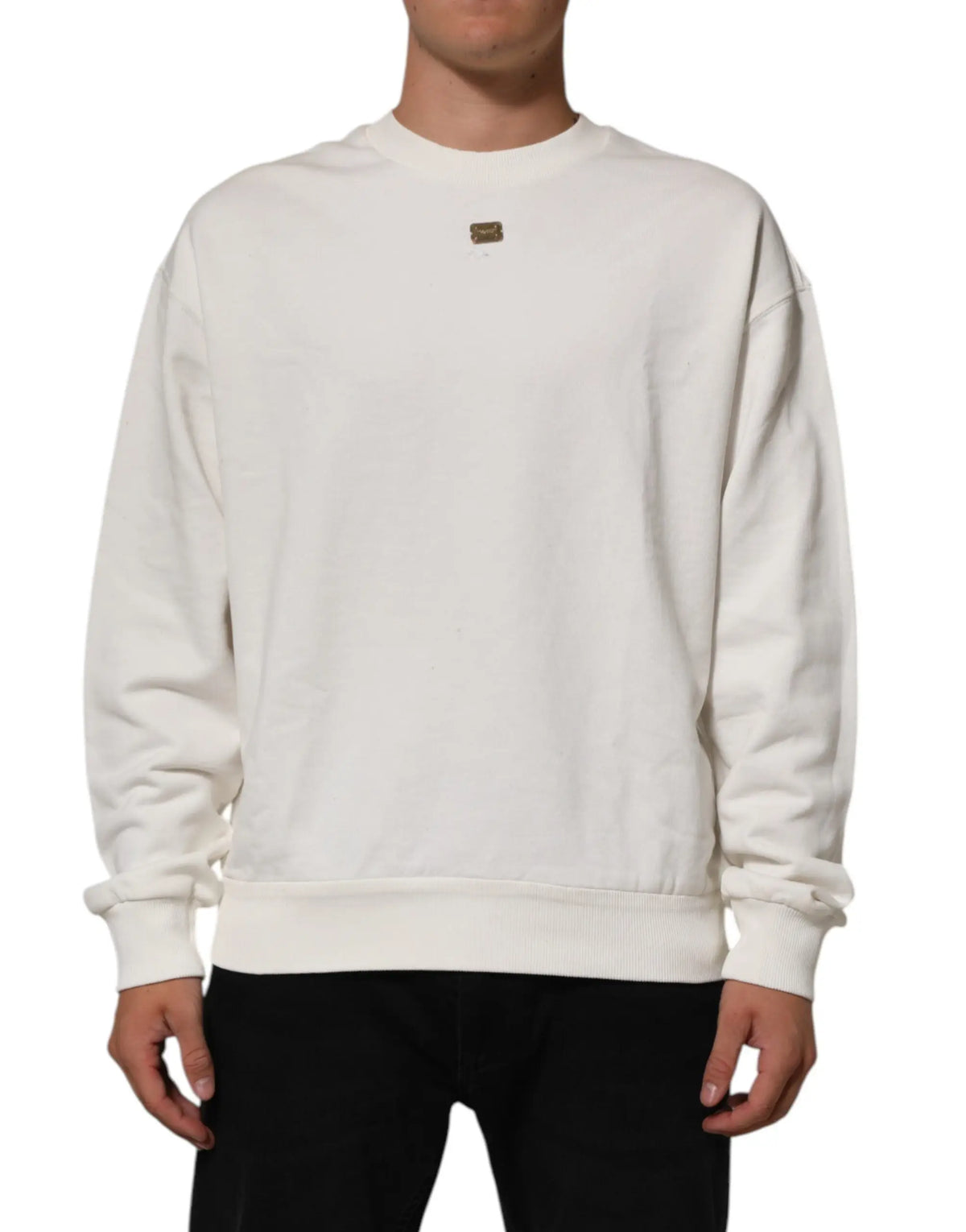 Sweatshirt dolce & gabbana blanc en coton avec col rond et petit patch logo métallique sur la poitrine