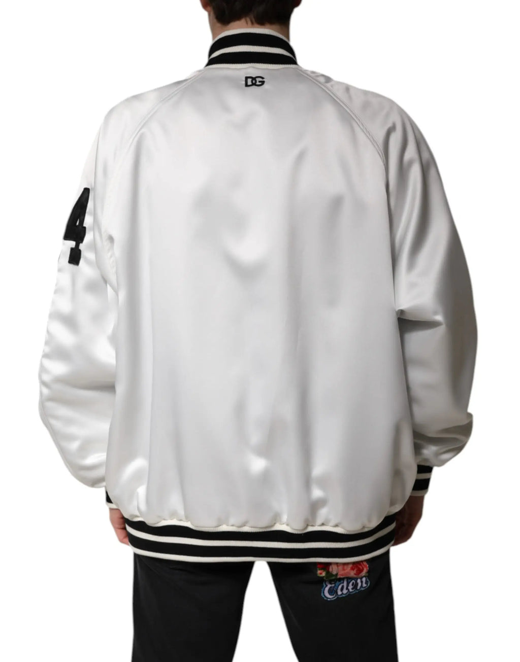 Dolce & gabbana bomber blanc en satin avec bord noir et patch numero 4 en polyester jersey