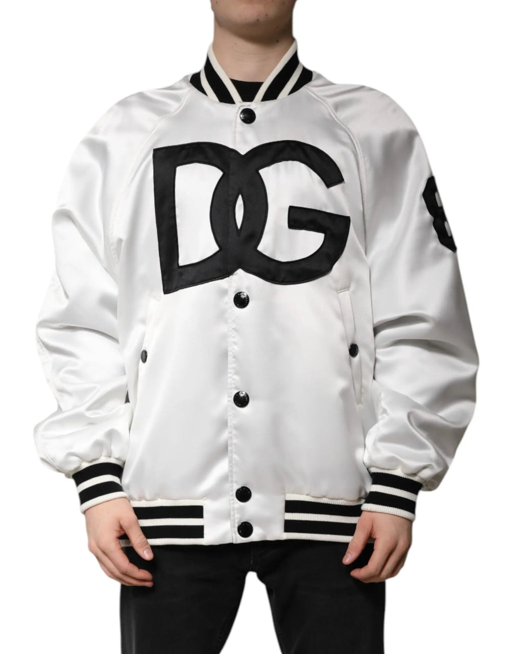 Veste bomber blanche dolce gabbana en jersey polyester avec logo dg noir et bordures rayées en satin