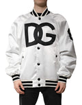 Veste bomber blanche dolce gabbana en jersey polyester avec logo dg noir et bordures rayées en satin