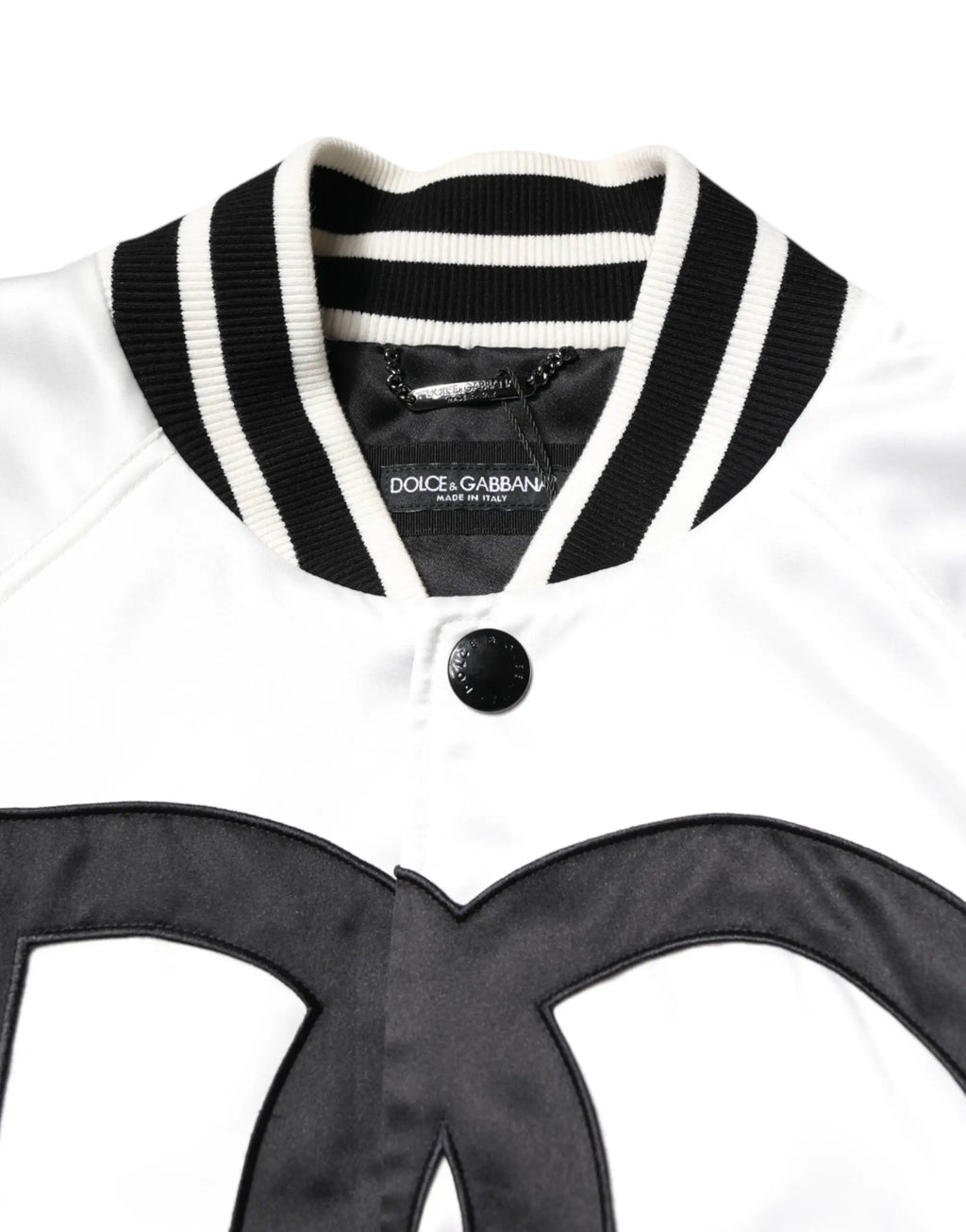 Blouson bomber dolce & gabbana blanc en polyester avec logo cc noir en satin et col côtelé rayé