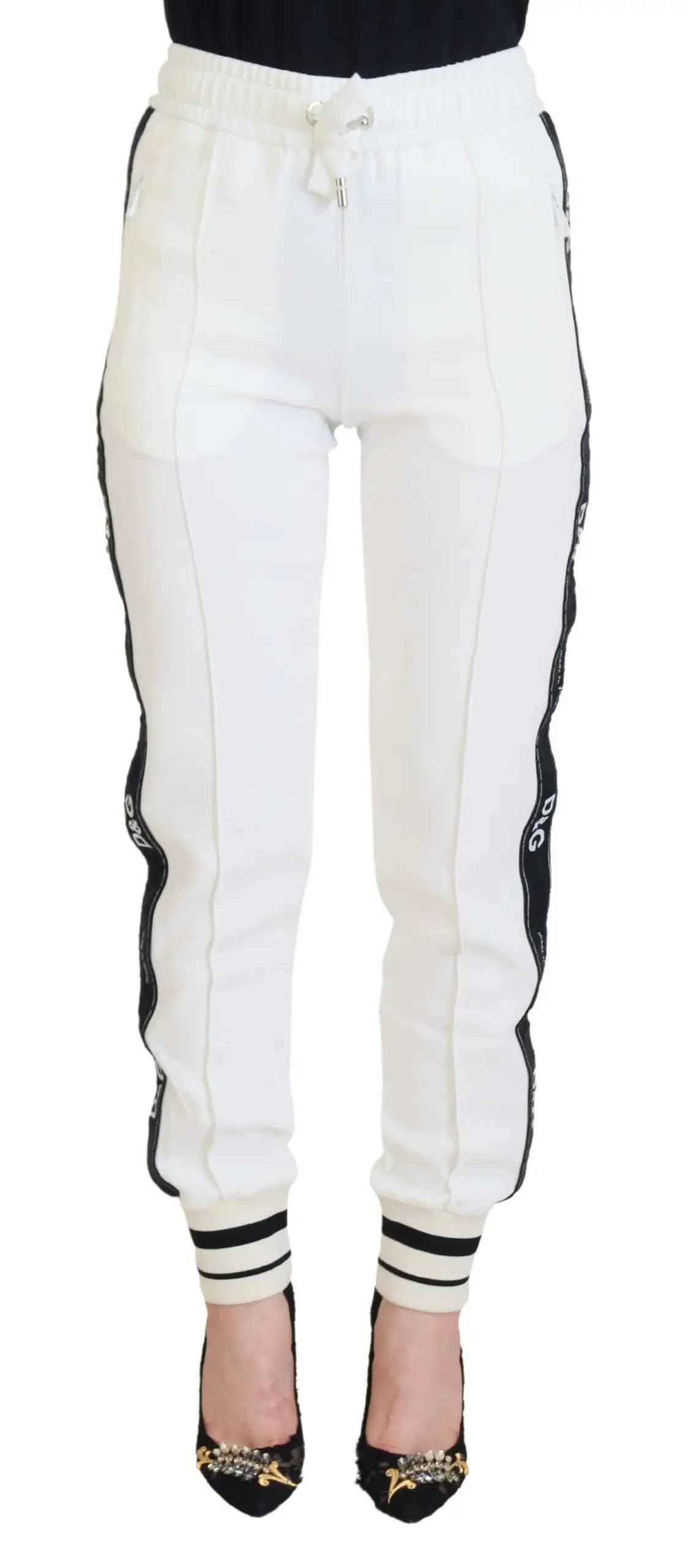 Dolce & Gabbana white dg logo sweatpants with black side stripes ribbed cuffs and drawstring waistband