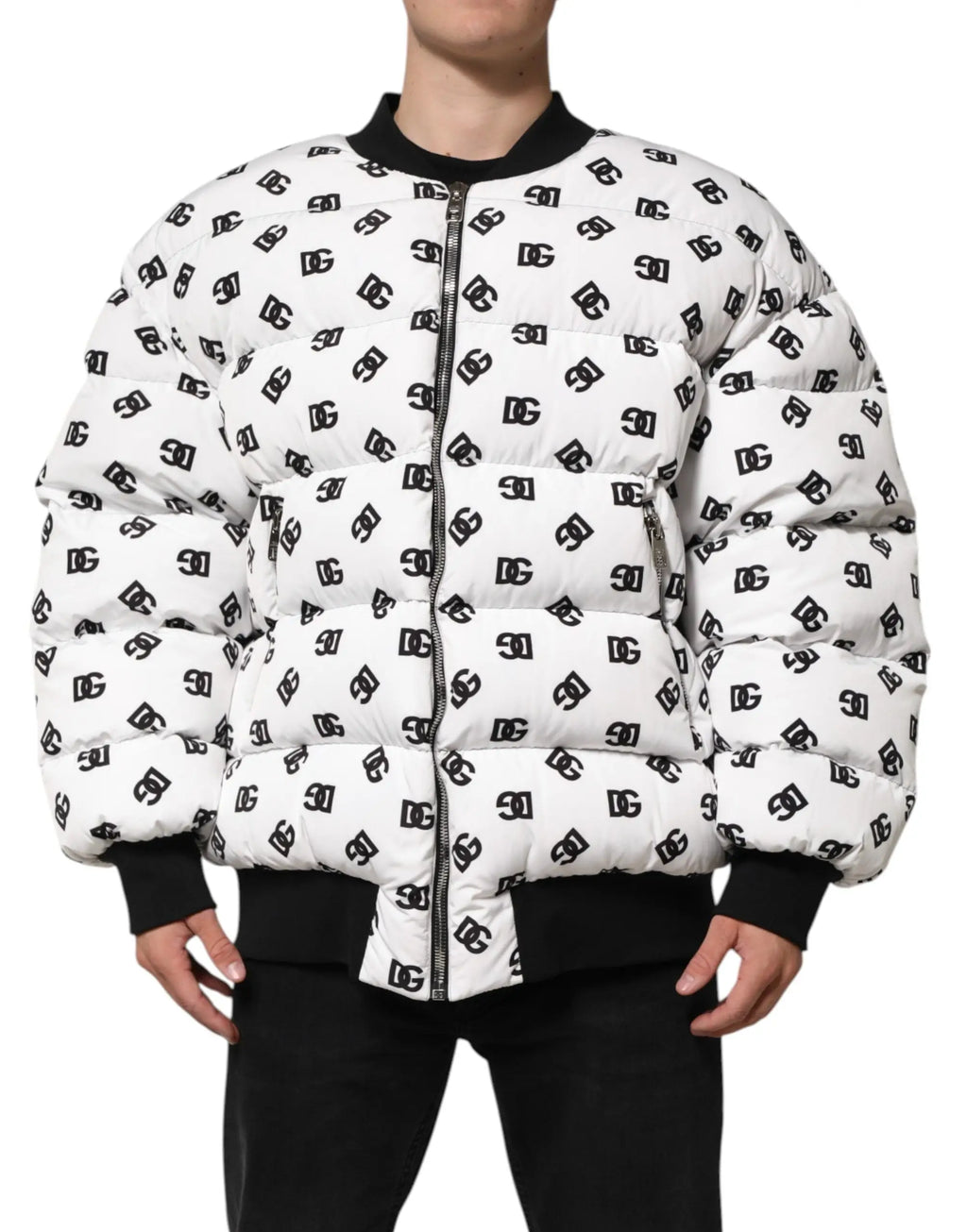 Dolce & gabbana white quilted puffer jacket with black dc 30 logo pattern and contrasting collar and cuffs