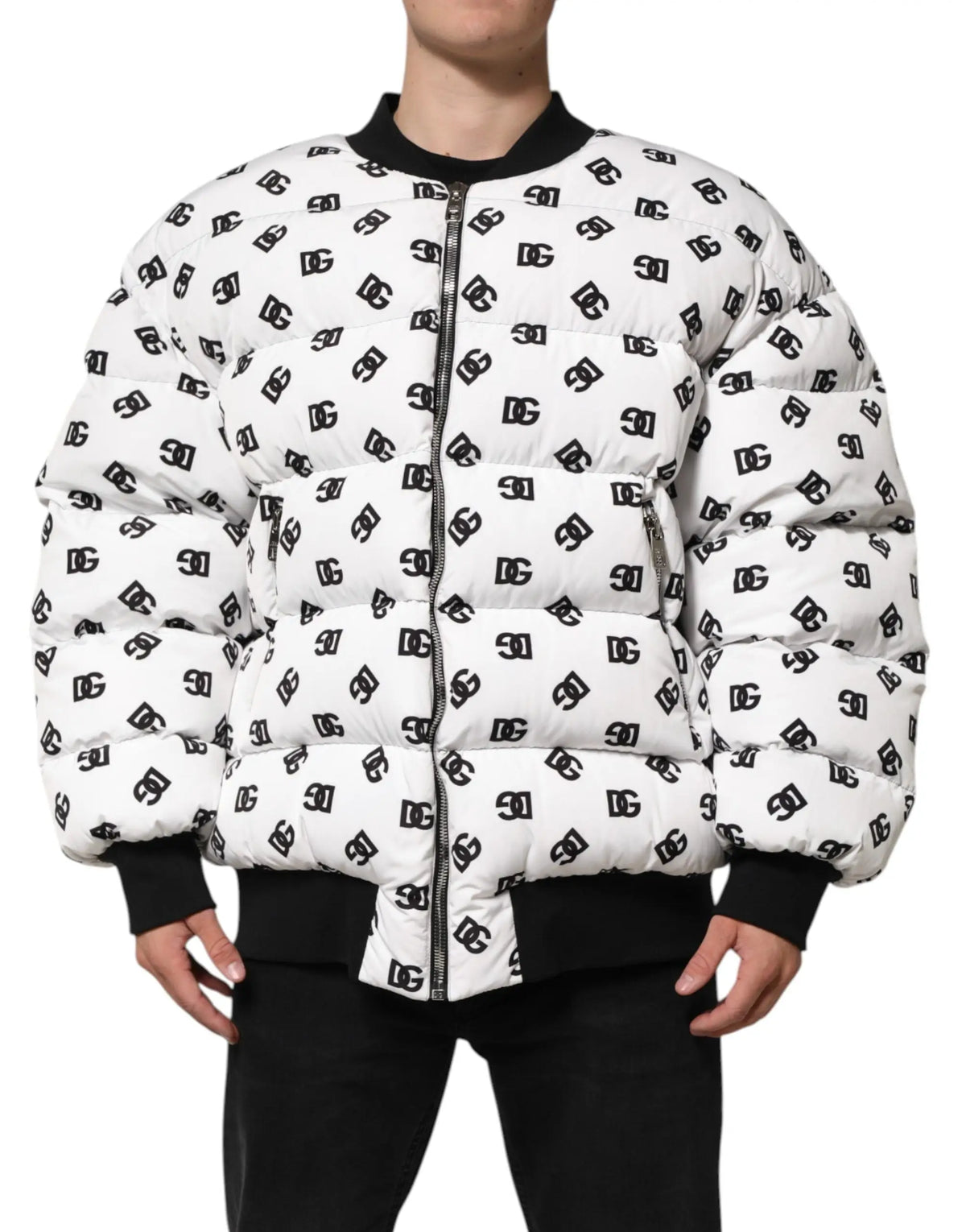 Dolce & gabbana white quilted puffer jacket with black dc 30 logo pattern and contrasting collar and cuffs