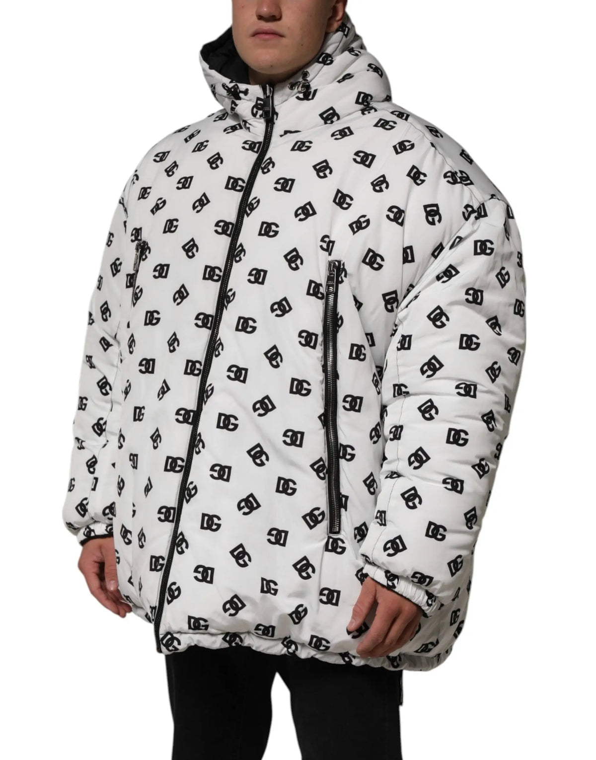 Dolce & gabbana white monogram hooded puffer jacket with black dc logo pattern and front zipper