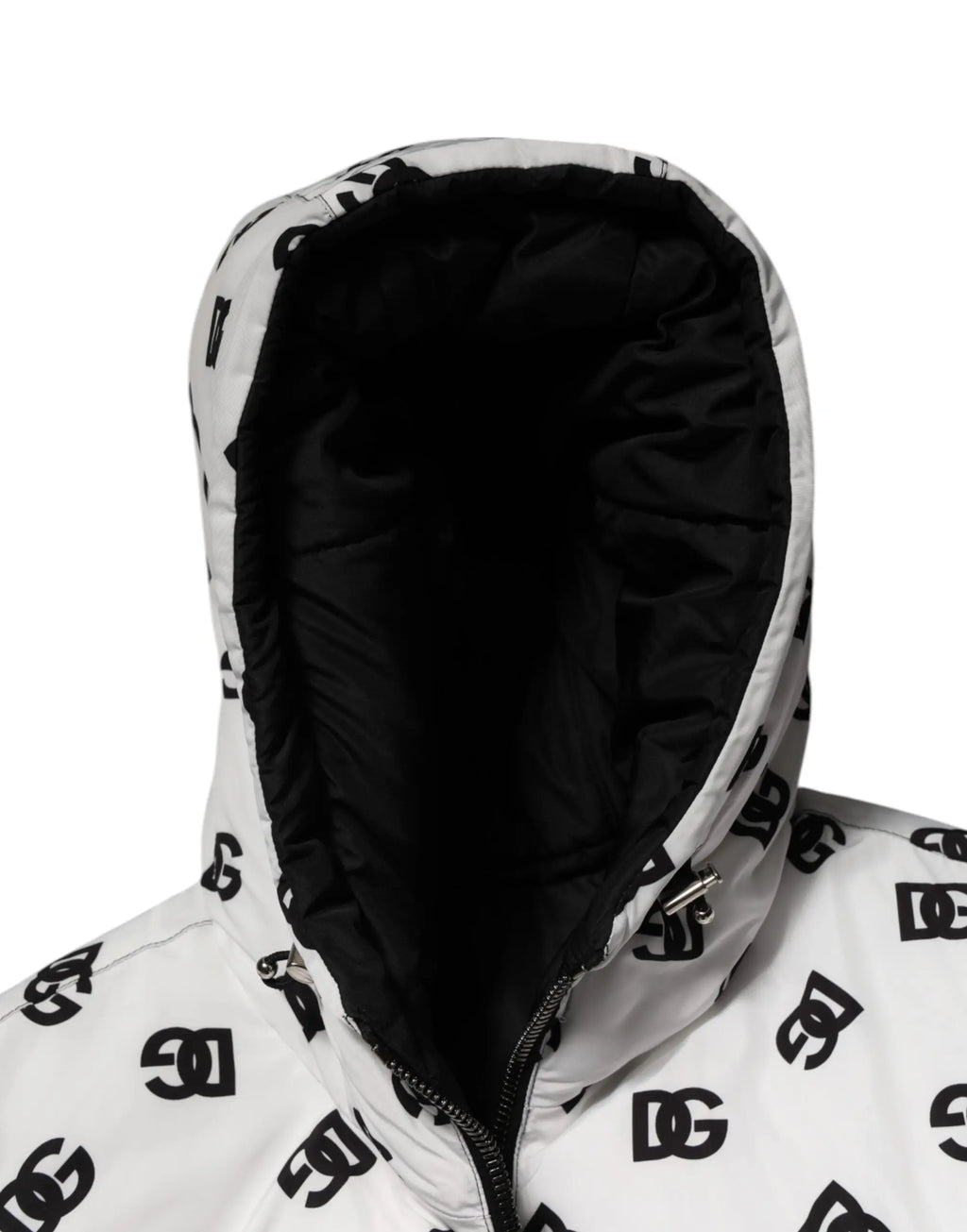Veste matelassée blanche dolce gabbana avec logos dg noirs et capuche doublée noire