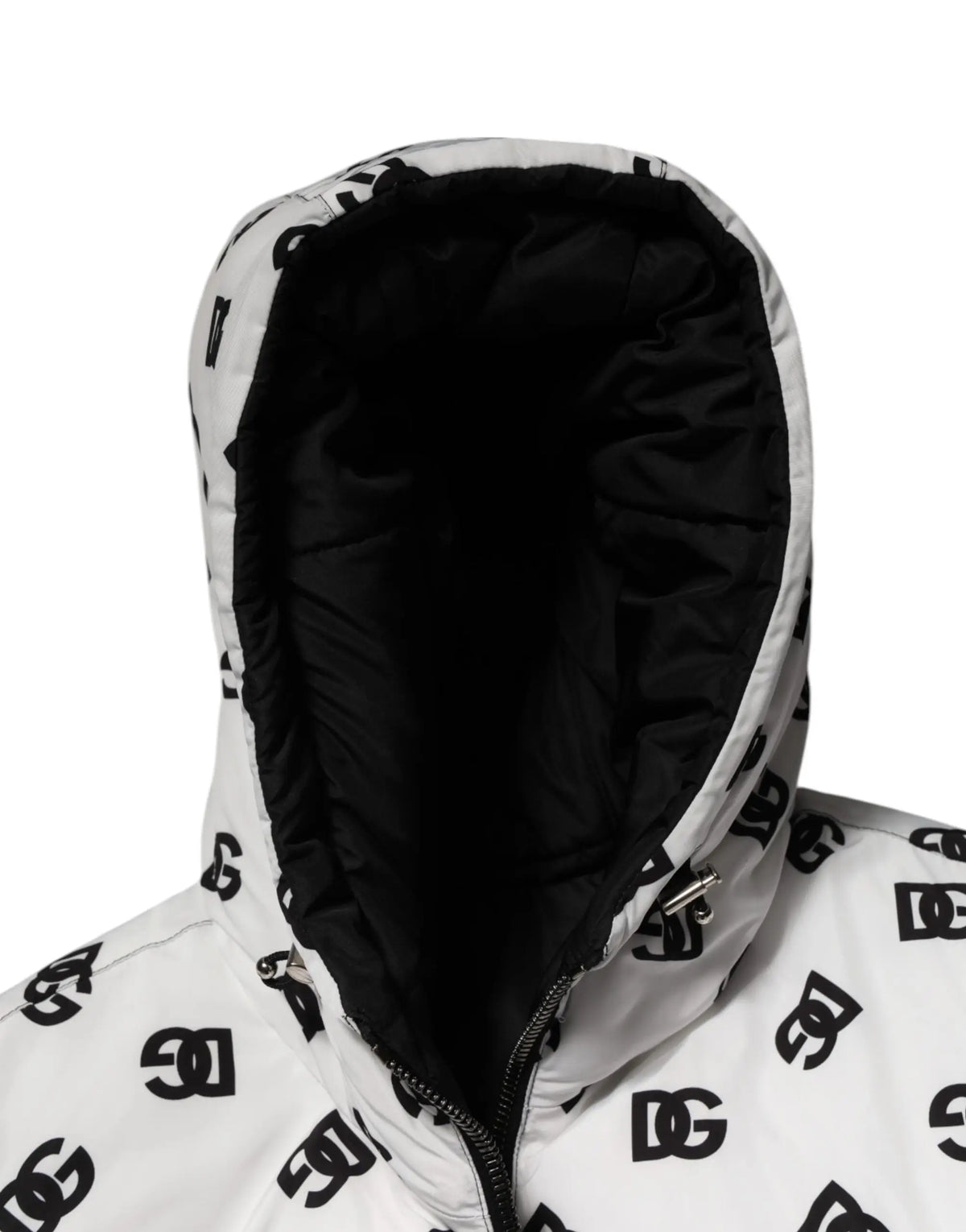 Veste matelassée blanche dolce gabbana avec logos dg noirs et capuche doublée noire