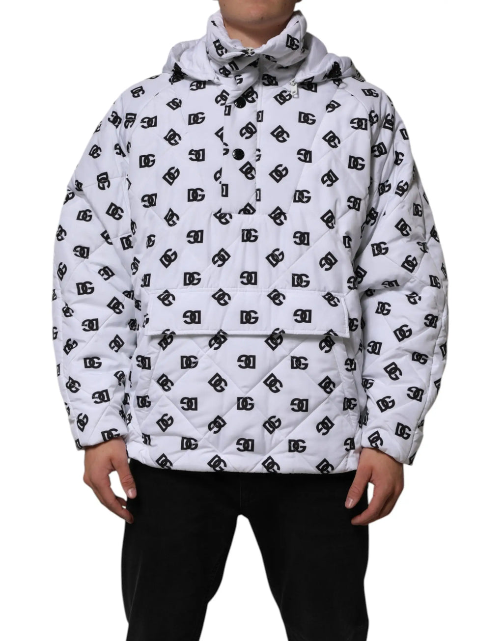 Veste à capuche matelassée blanche dolce & gabbana dg monogram avec motif logo noir répété