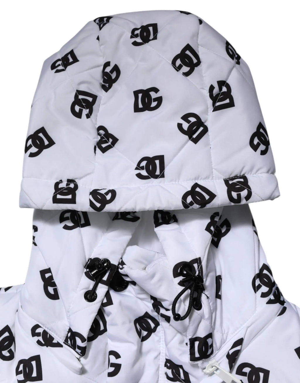 Dolce gabbana veste matelassée blanche à capuche avec motif logo dg noir sur toute la surface