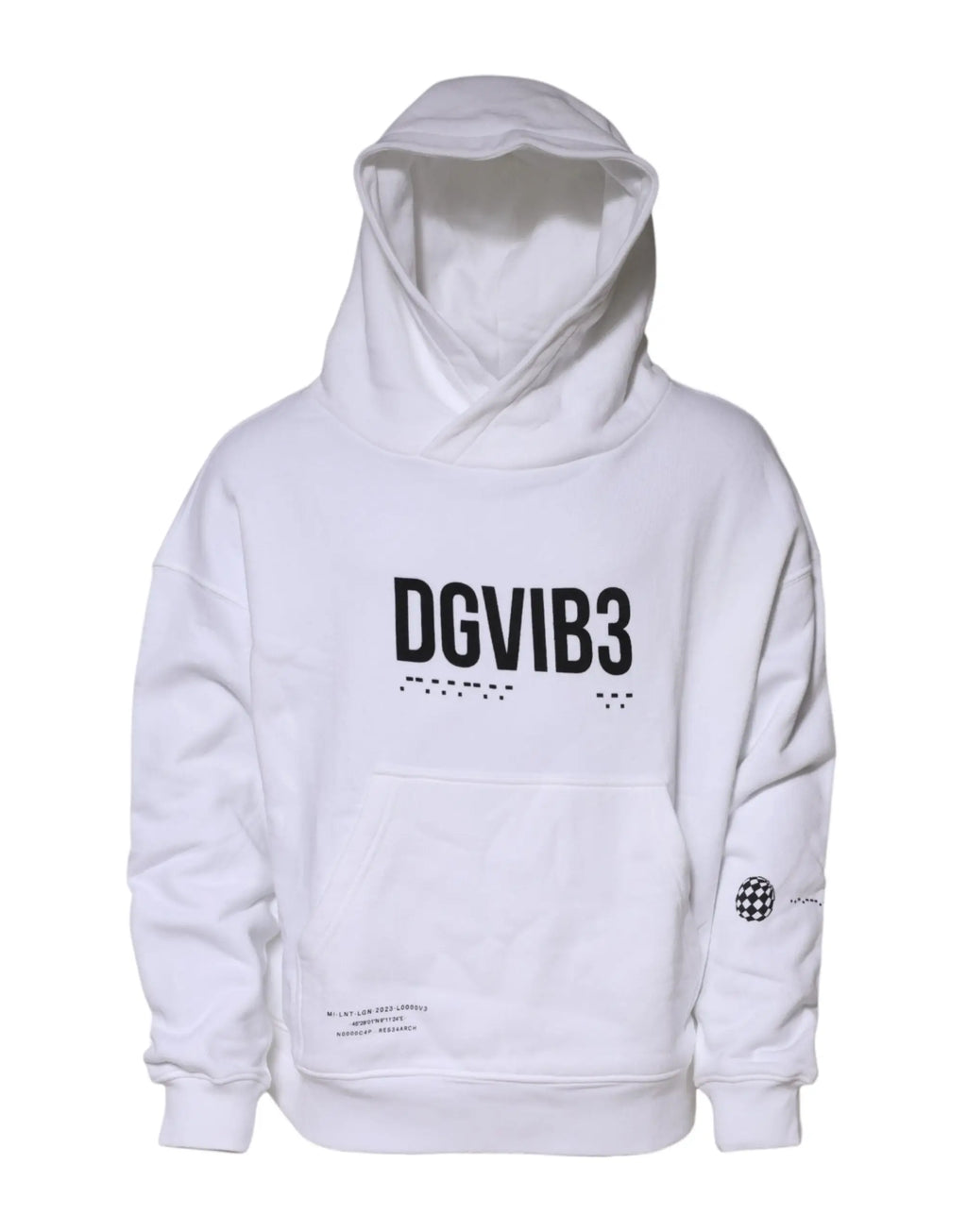 Dolce & gabbana white dg vib3 hooded men sweatshirt with bold black lettering and checkered patch on left sleeve