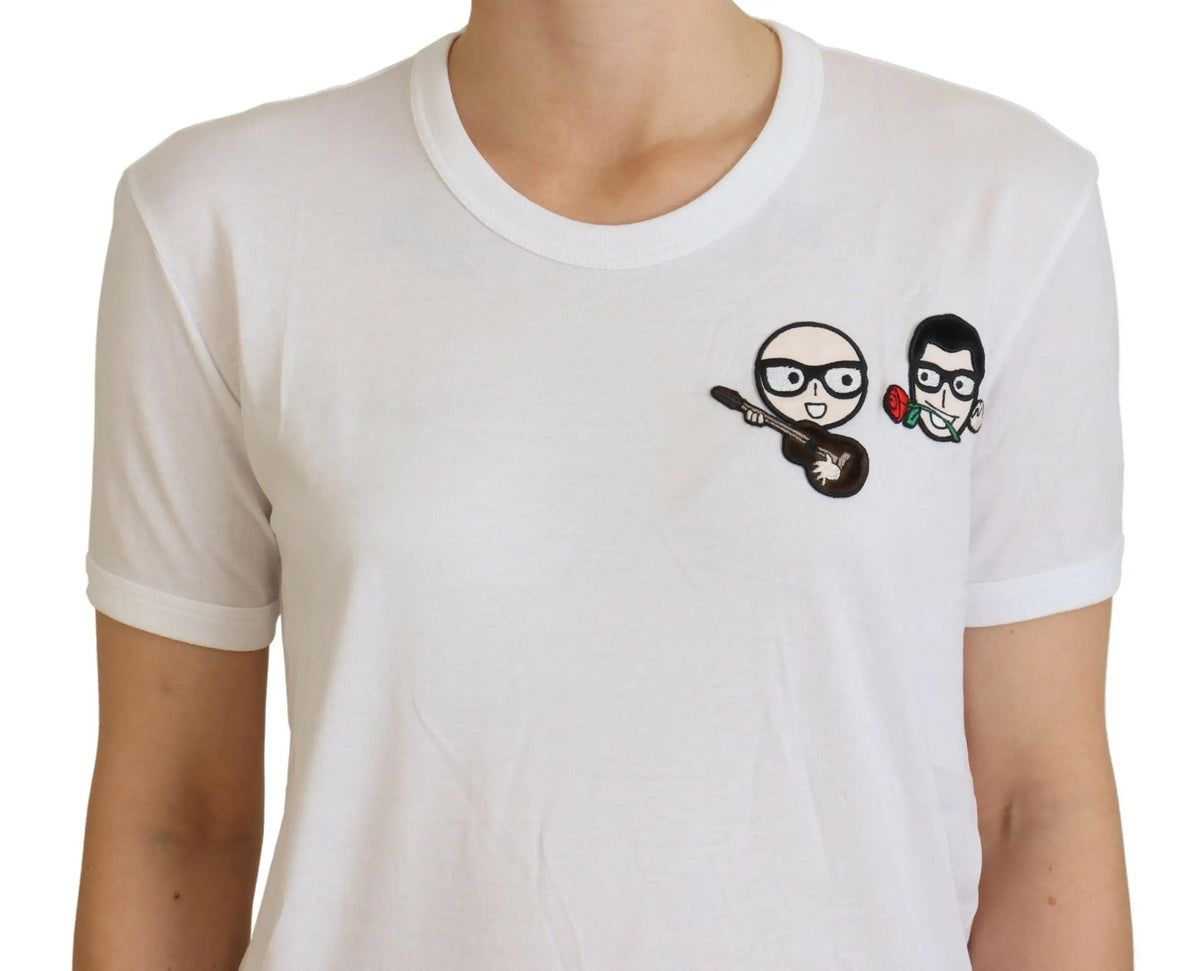 T-shirt dolce & gabbana blanc en coton avec broderie ludique de deux personnages jouant du ukulélé et tenant une rose