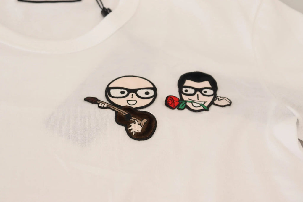 T-shirt blanc dolce & gabbana en coton avec broderie de personnages jouant du ukulélé et tenant une rose rouge