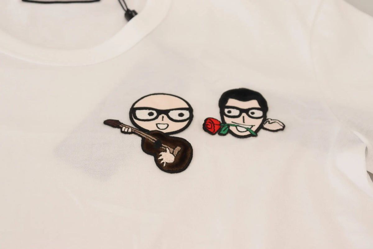 T-shirt blanc dolce & gabbana en coton avec broderie de personnages jouant du ukulélé et tenant une rose rouge