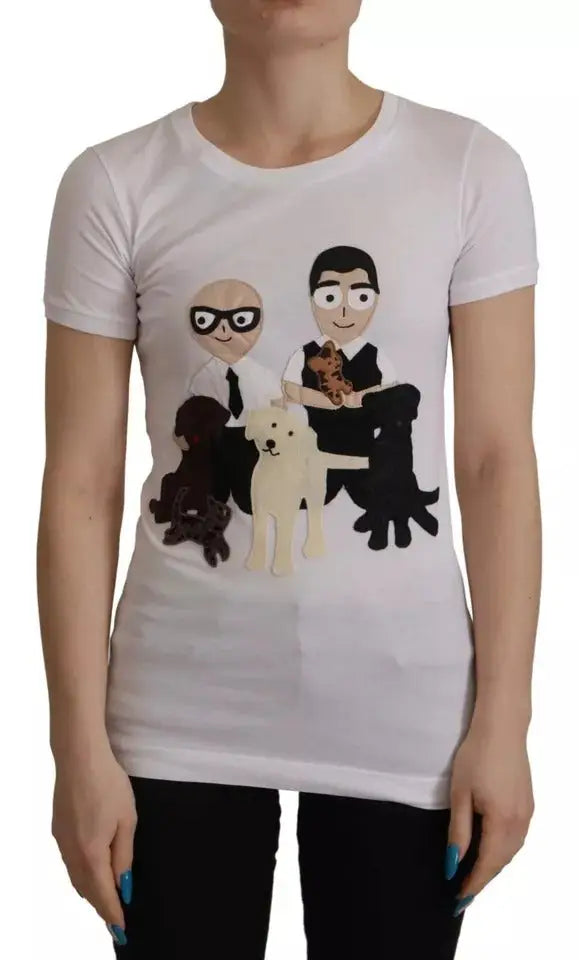T-shirt blanc en coton dolce & gabbana avec motif en feutre de deux hommes et trois chiens style appliqué