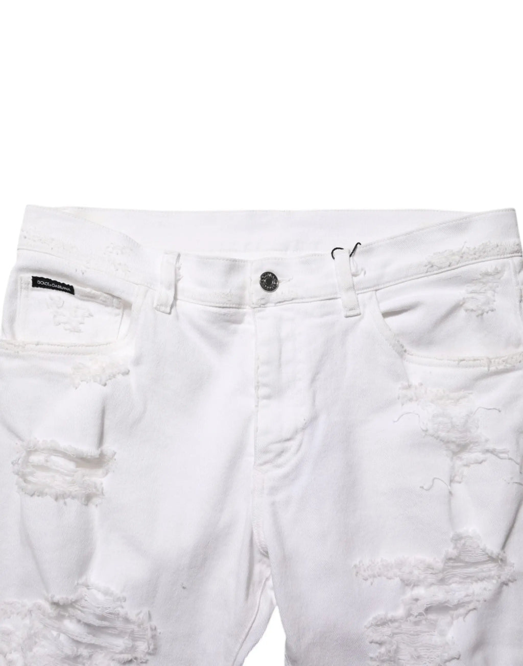Short en jean blanc distressed avec déchirures et étiquette noire dolce gabbana sur la ceinture
