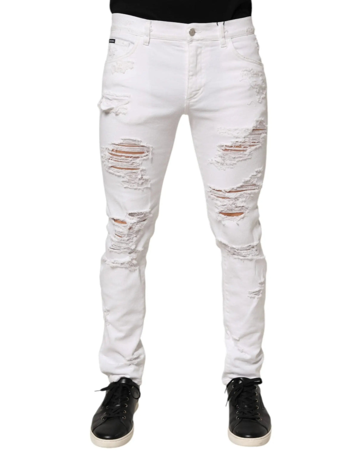 Jeans slim fit en denim blanc distressed avec genoux déchirés dolce & gabbana