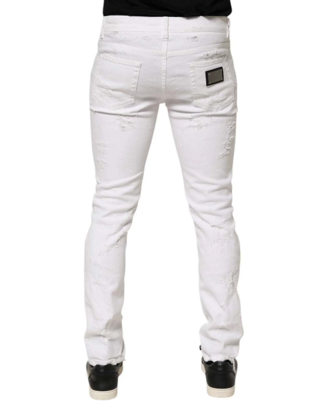 Jeans en denim blanc distressed dolce gabbana slim fit avec patch de marque noir à l arriere droite