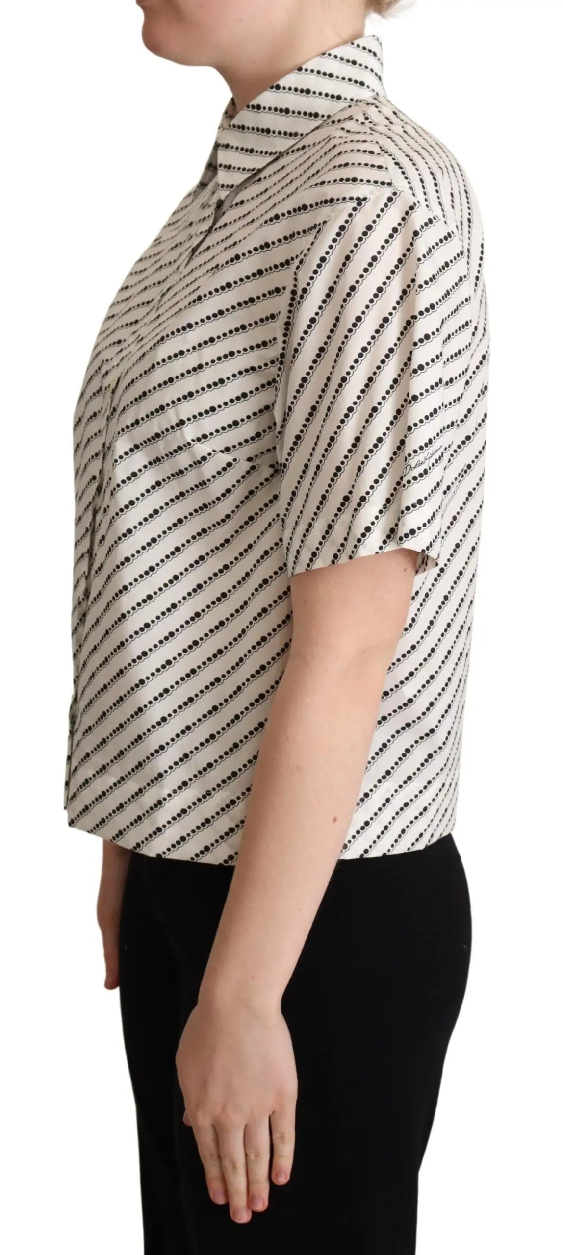 Blouse courte à manches courtes dolce & gabbana blanche à col avec rayures diagonales noires sur fond crème