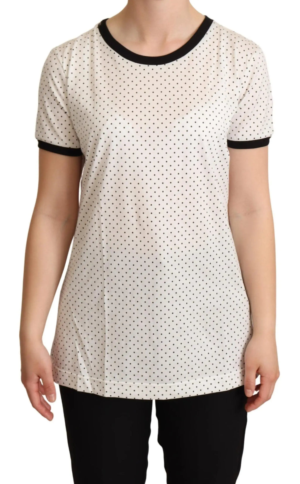 Dolce & gabbana t-shirt blanc en coton à manches courtes avec pois noirs et bordure côtelée noire au col et aux manches