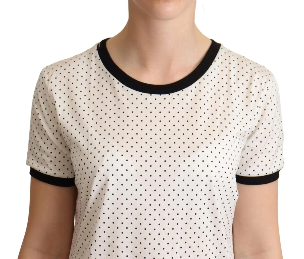 Dolce & gabbana t-shirt blanc en coton à pois noirs avec col rond contrastant noir manches courtes