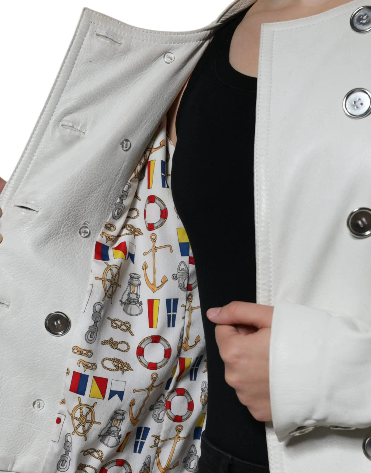 Dolce & gabbana white leather double breasted blazer coat with nautical lining featuring anchors lifebuoys and flags