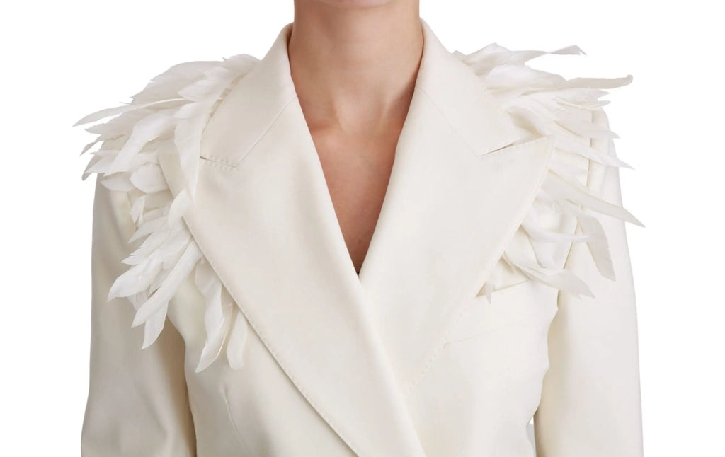 Dolce & gabbana blanche veste en laine double boutonnage avec col structuré et plumes décoratives aux épaules