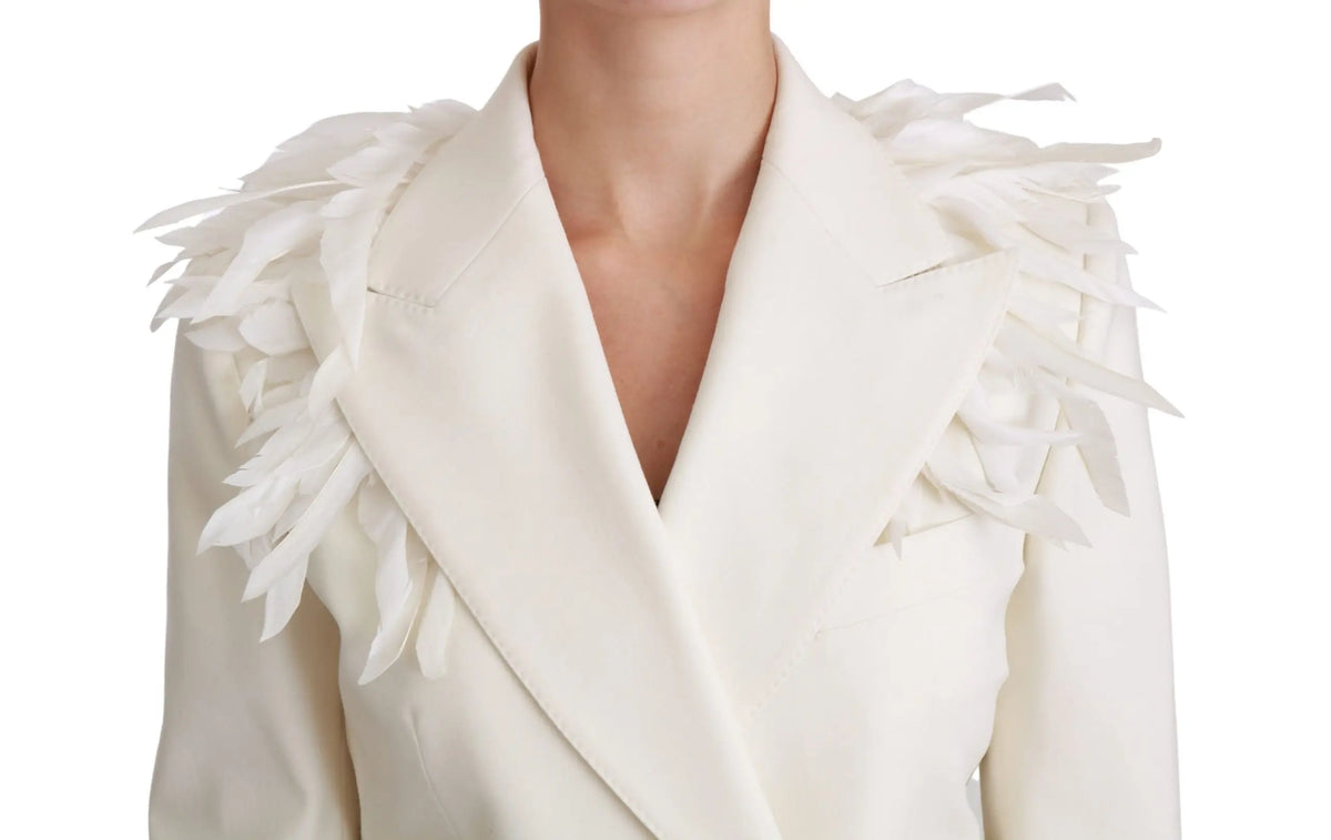 Dolce & gabbana blanche veste en laine double boutonnage avec col structuré et plumes décoratives aux épaules