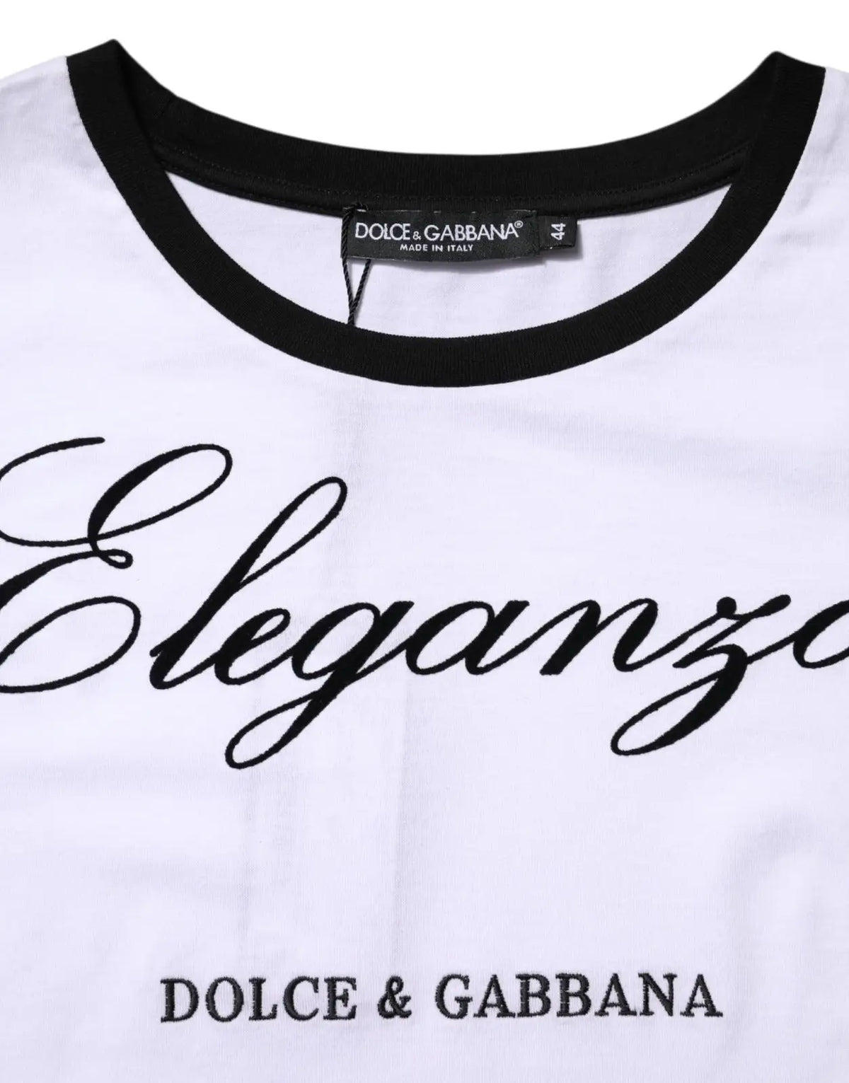 Dolce & Gabbana t-shirt blanc en coton avec bordure noire et lettrage cursif eleganza sur la poitrine