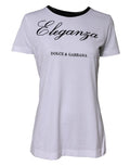 Dolce & gabbana t shirt blanc en coton avec manches noires retroussées, col côtelé noir et inscription eleganza