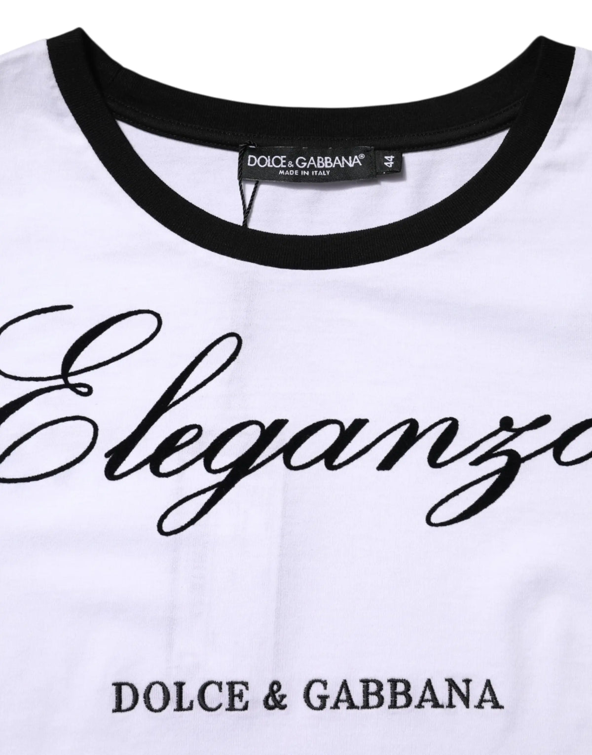 Dolce & gabbana t-shirt blanc eleganza en coton avec col rond côtelé noir et inscription élégante cursive au centre