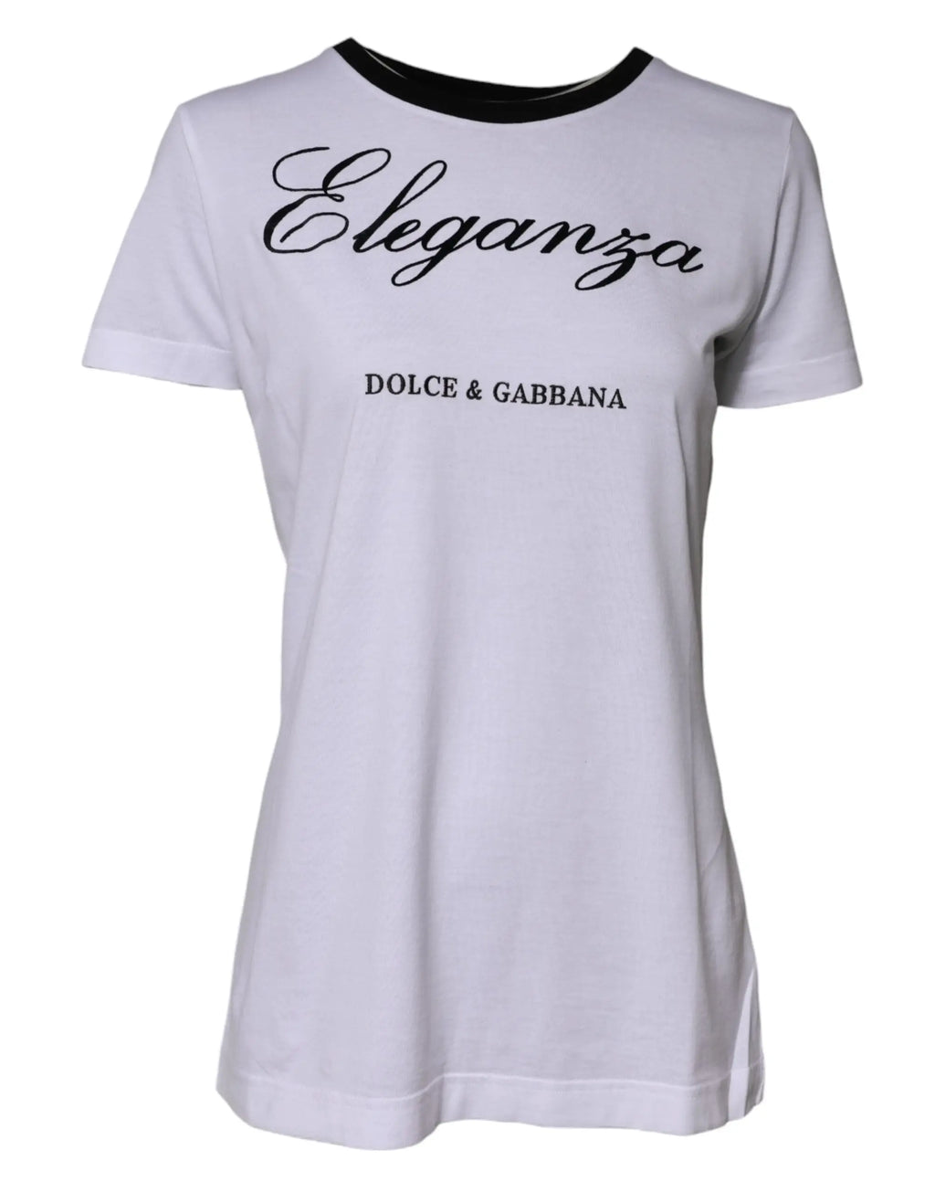 T-shirt dolce & gabbana blanc en coton avec manches noires retroussées et inscription eleganza noir au col côtelé