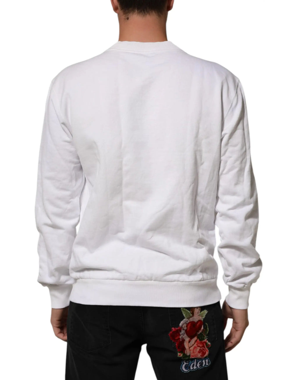 Sweatshirt homme dolce & gabbana blanc en coton avec broderie rose rouge et ange au bas du dos