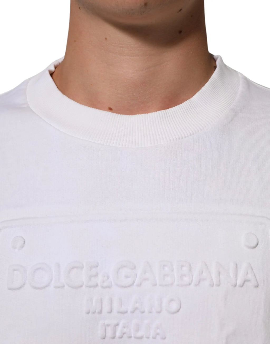 Sweatshirt dolce gabbana blanc pour homme avec logo embossé et col côtelé haut de gamme milano italia