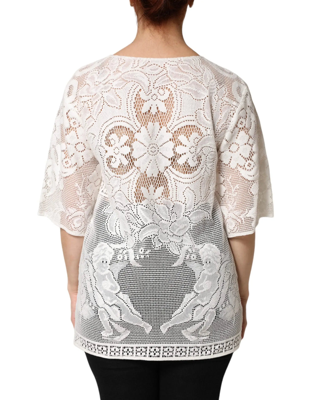 Blouse en coton blanche dolce & gabbana avec dentelle délicate et motifs floraux et angéliques en mesh transparent