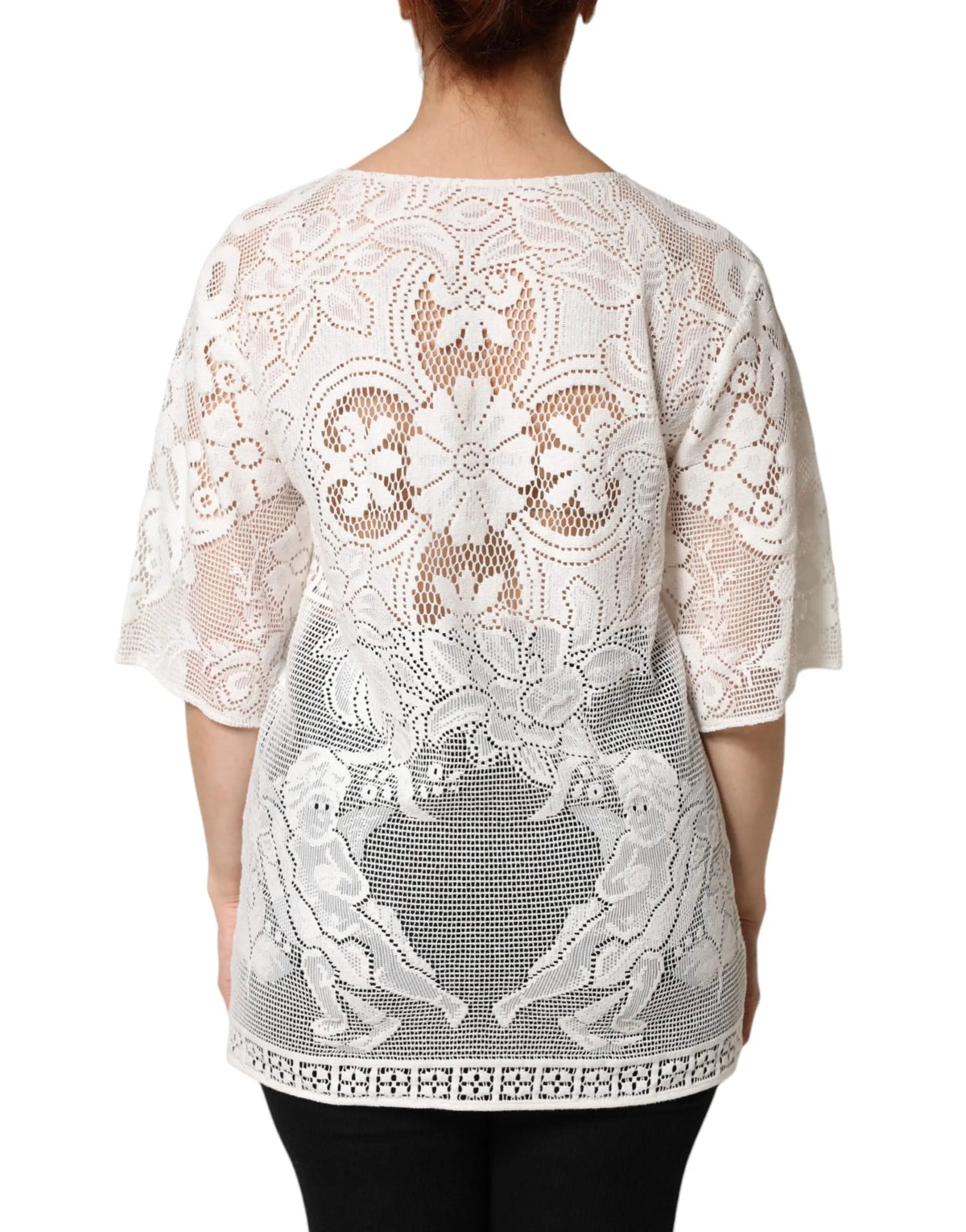 Blouse en coton blanche dolce & gabbana avec dentelle délicate et motifs floraux et angéliques en mesh transparent