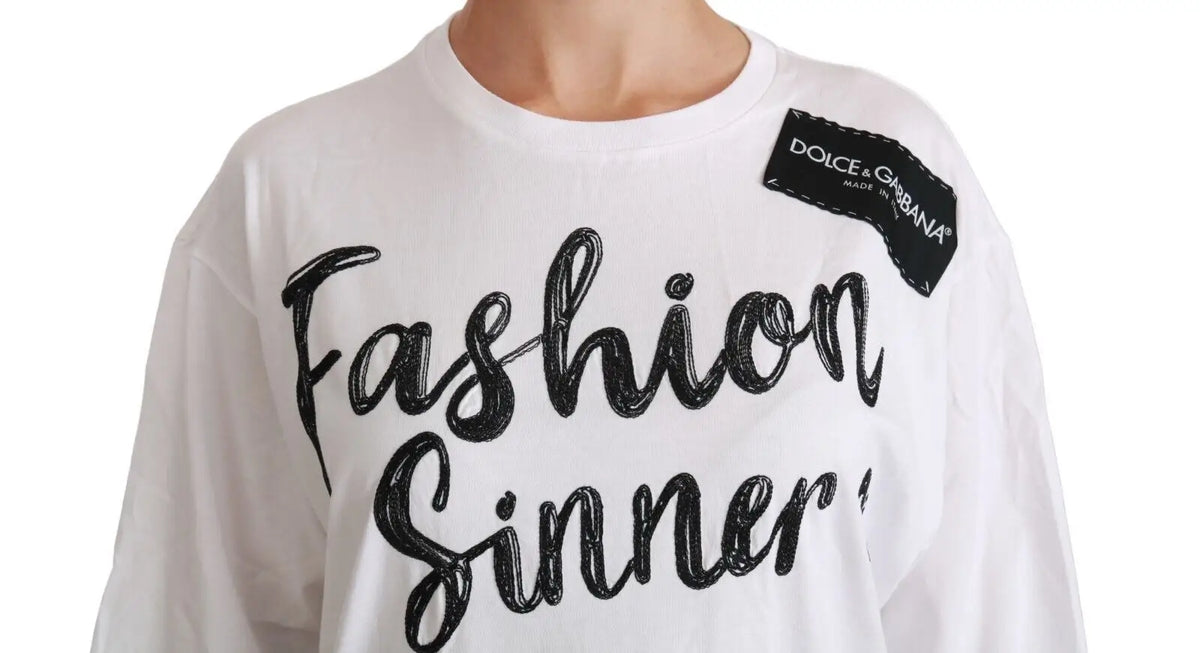 T-shirt blanc dolce & gabbana à manches longues en coton avec inscription noire fashion sinner et patch assorti sur l’épaule