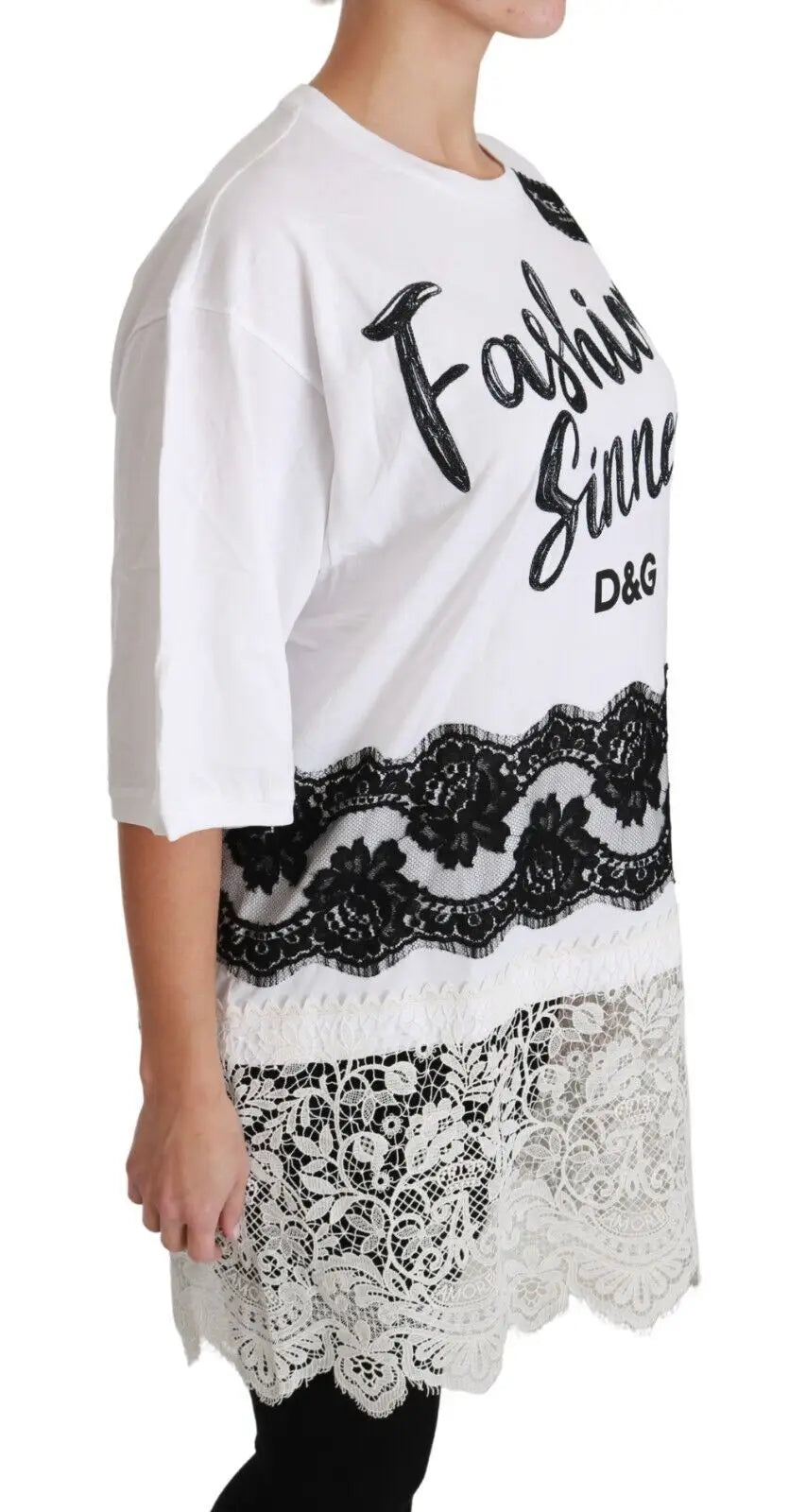 T-shirt dolce & gabbana blanc en coton avec lettrage fashion sinner noir et bordure en dentelle superposée noire et blanche