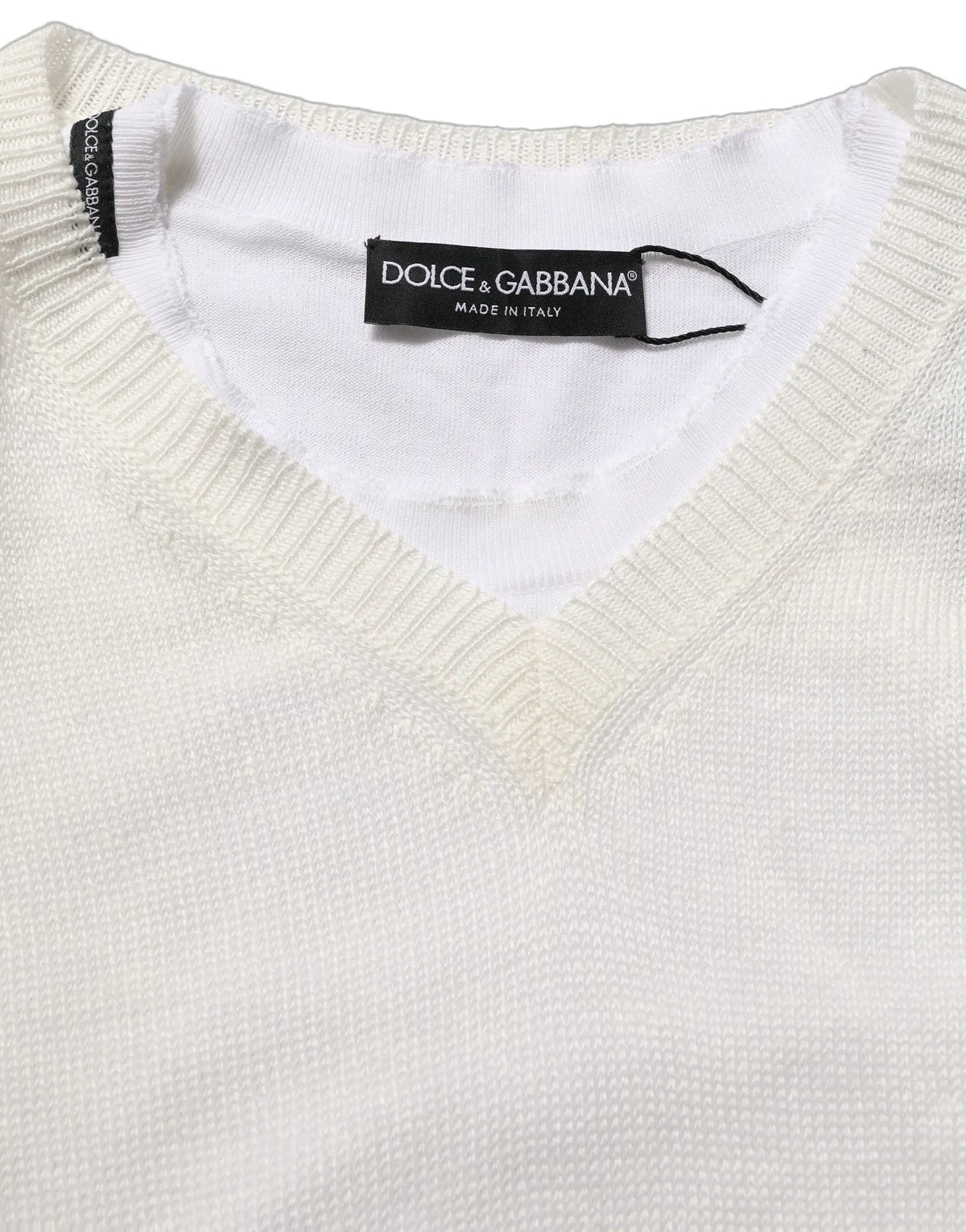 Dolce & gabbana pull en lin blanc à col en v avec tricot texturé et bord côtelé