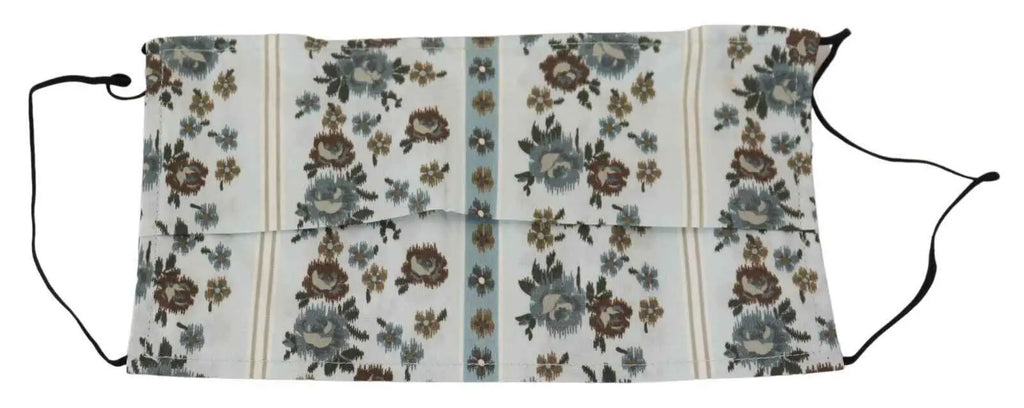 Masque facial dolce & gabbana en coton blanc à motifs floraux avec rayures verticales bleues et beiges et fleurs brunes