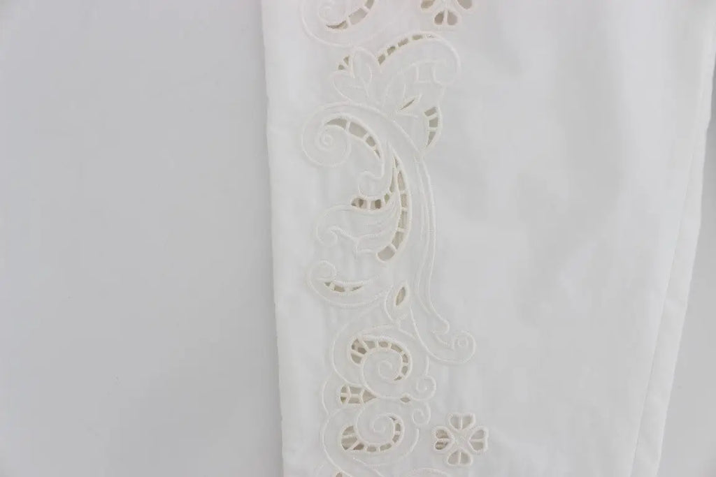 Pantalon sicily dolce & gabbana blanc avec broderies florales délicates et motifs en arabesque sur la couture côté