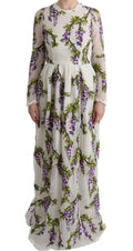 Robe longue blanche dolce & gabbana avec motif floral de glycine violette, manches longues transparentes et bordure en dentelle