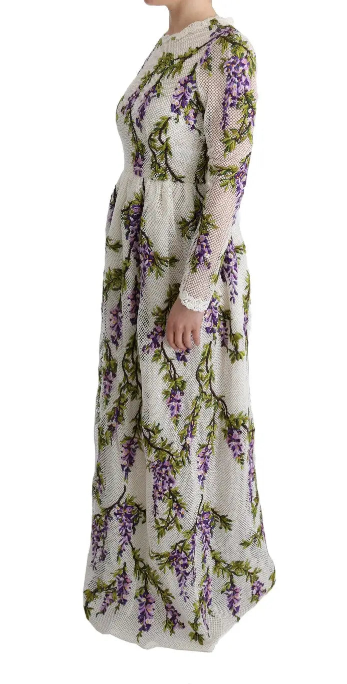 Robe longue blanche dolce & gabbana en ivoire avec broderies florales violettes et manches longues en dentelle transparente