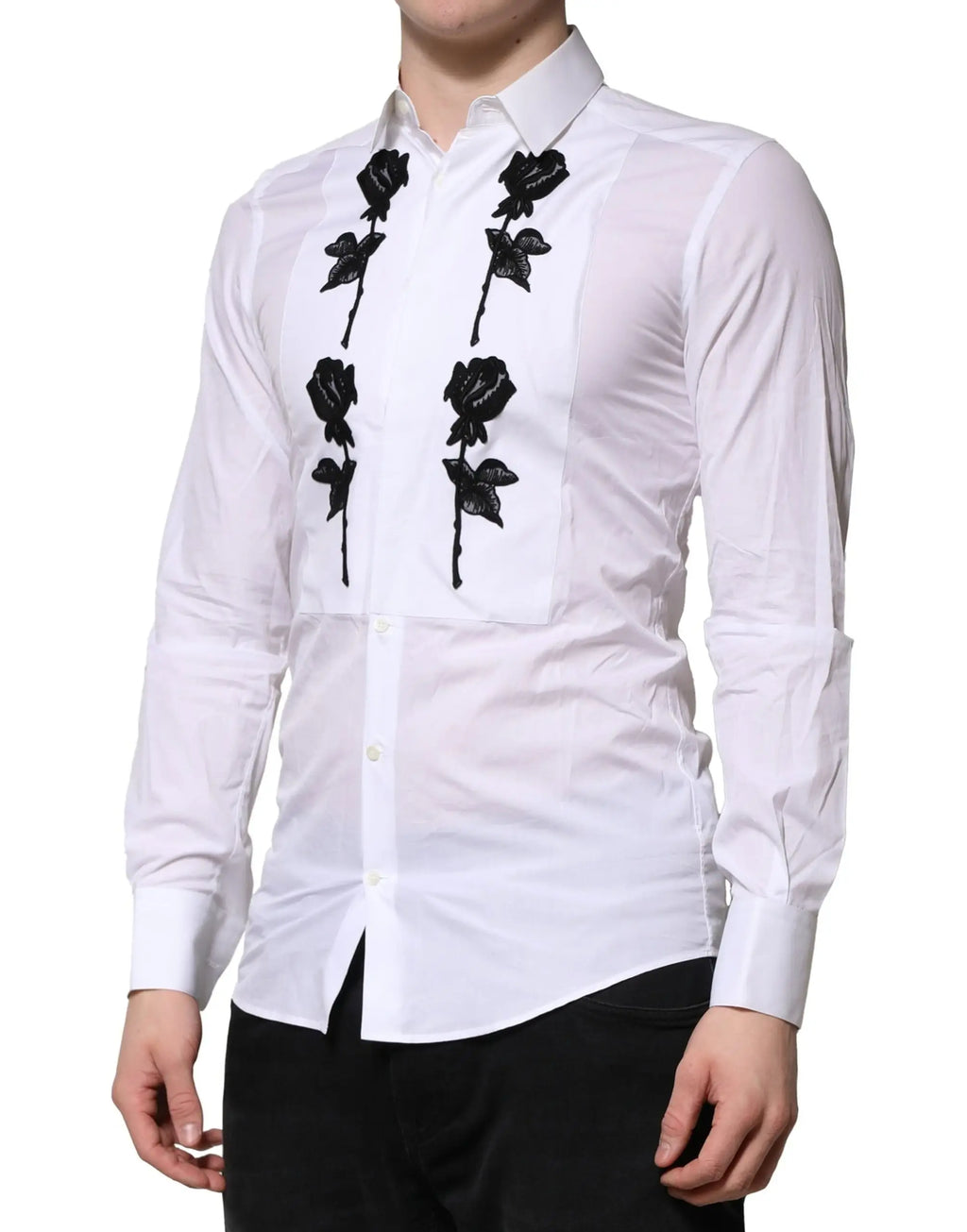Chemise habillée blanche pour homme dolce & gabbana avec broderies florales noires sur la patte de boutonnage