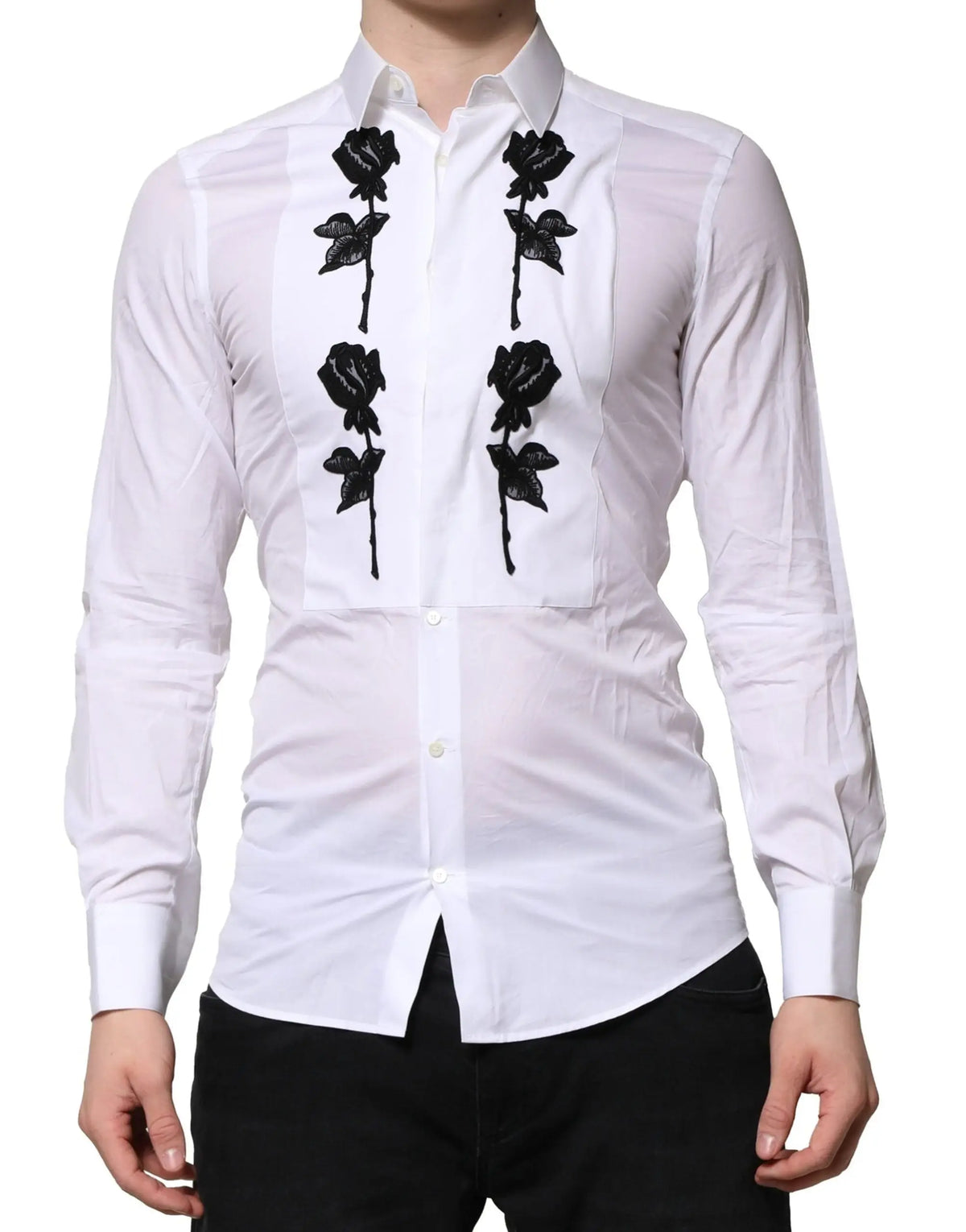 Chemise blanche dolce & gabbana à manches longues avec broderie florale noire pour homme formelle en coton